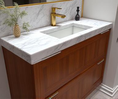Luxurious bespoke bathroom vanity unit with marble top and brass fixtures
