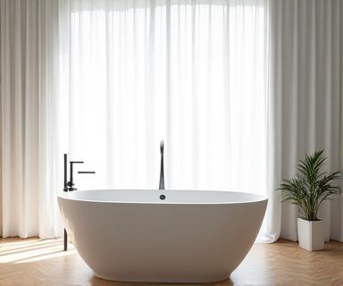 Elegant freestanding bathtub in a minimalist, light-filled bathroom